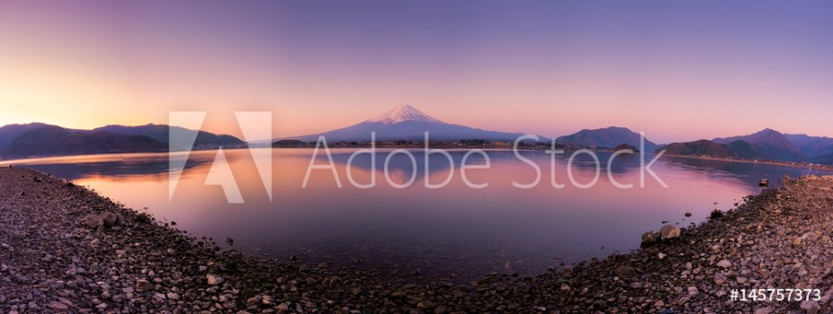 Picture of Panorama of mountain fuji with reflection in lake kawaguchi japan at sunrise time